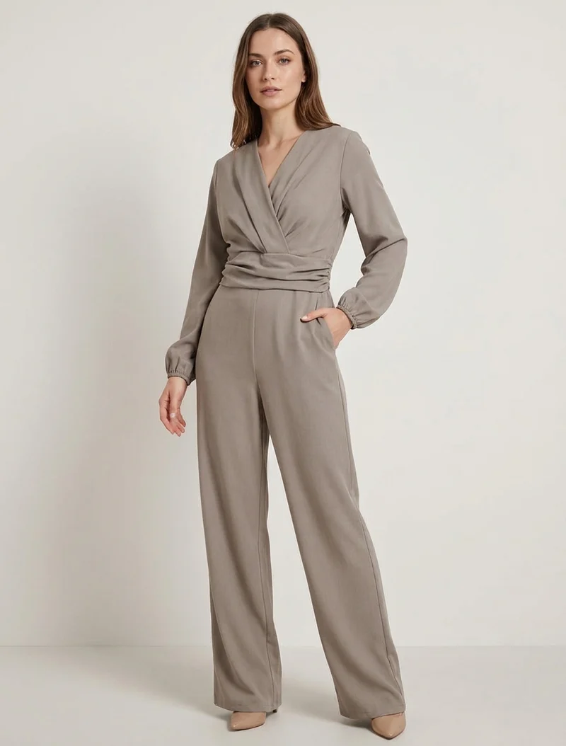 Combinaison manches longues à taille effet drapé - Taupe