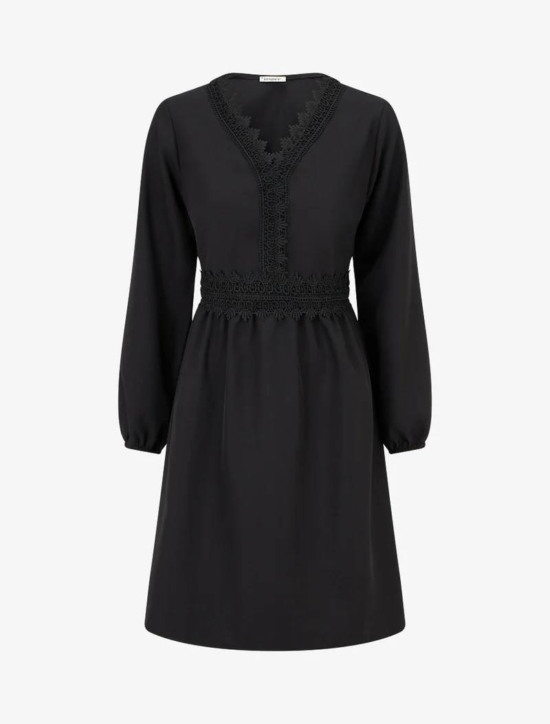Robe évasée unie à manches longues et dentelle - Noir