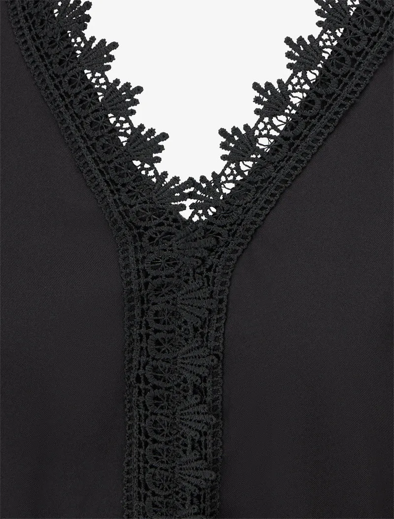 Robe évasée unie à manches longues et dentelle - Noir