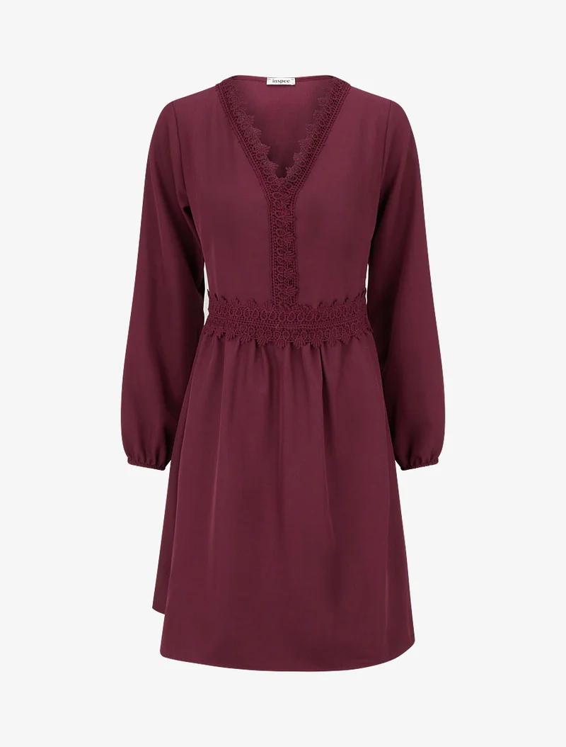 Robe évasée unie à manches longues et dentelle - Lie de vin