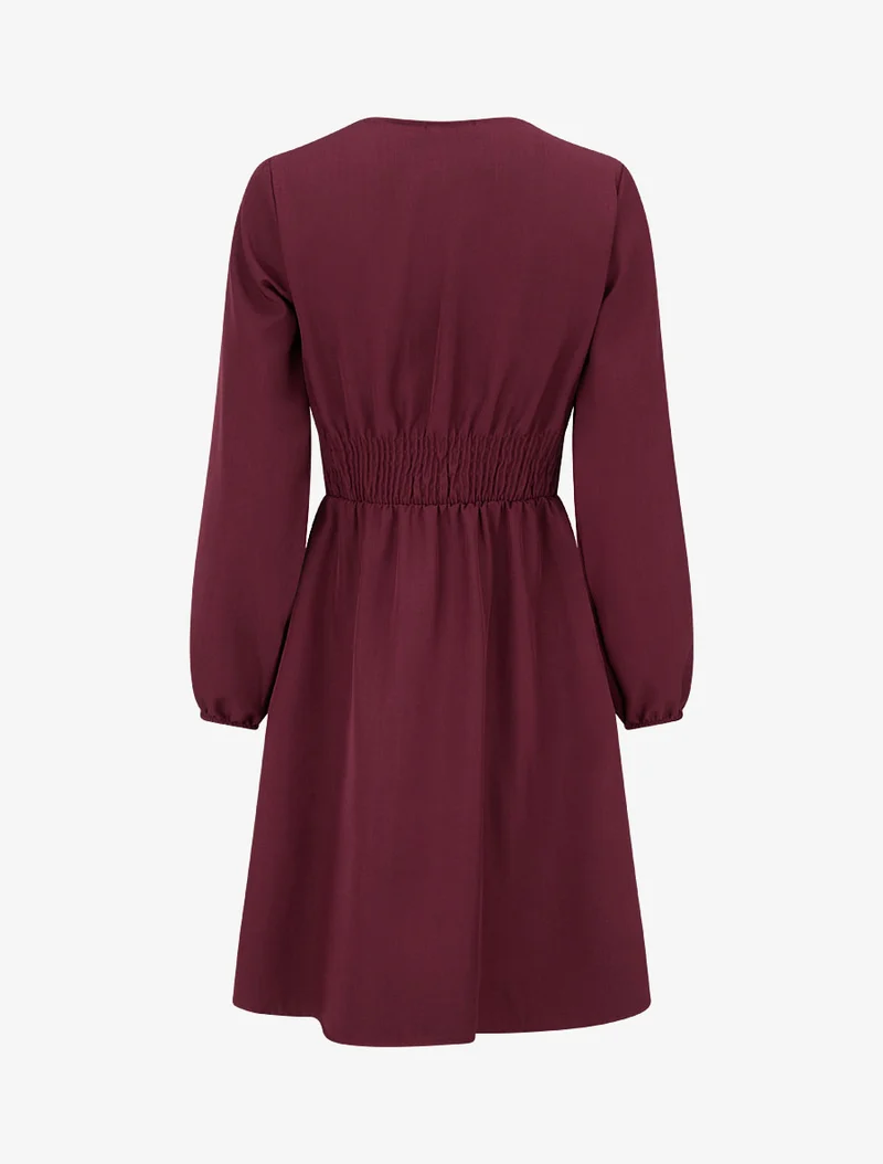 Robe évasée unie à manches longues et dentelle - Lie de vin