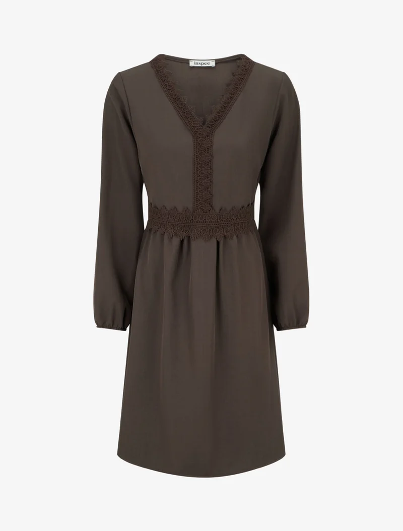 Robe évasée unie à manches longues et dentelle - Marron