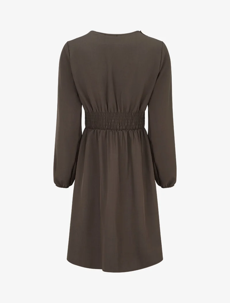 Robe évasée unie à manches longues et dentelle - Marron