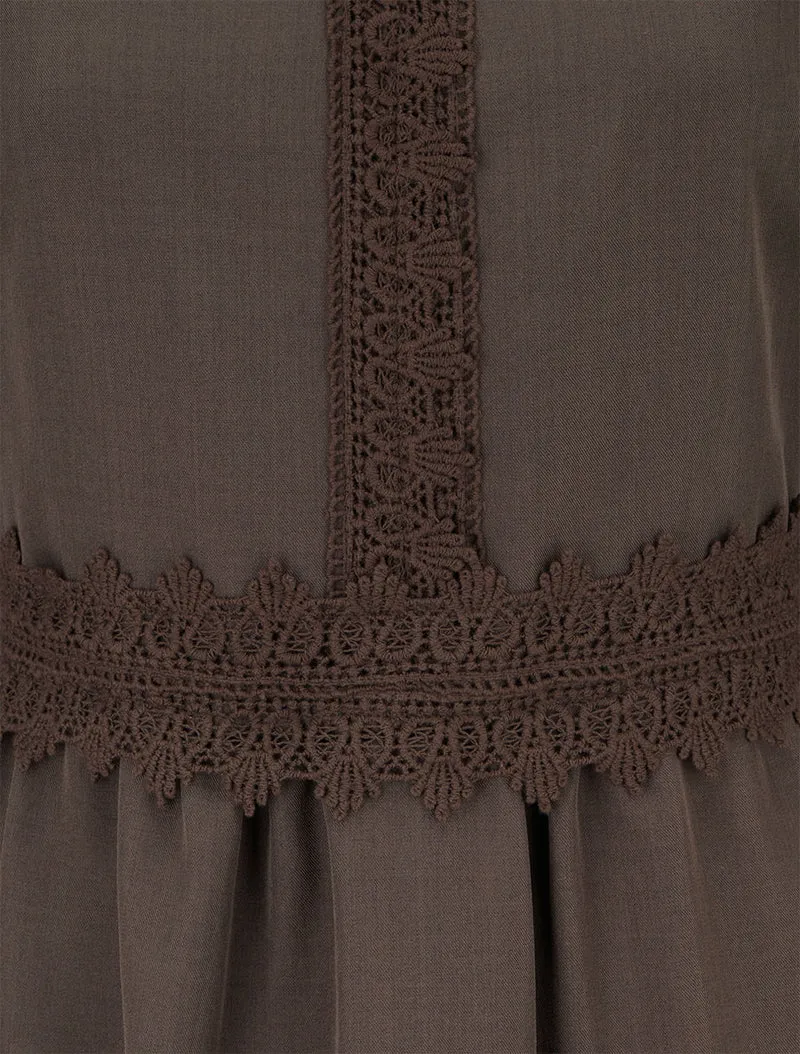 Robe évasée unie à manches longues et dentelle - Marron