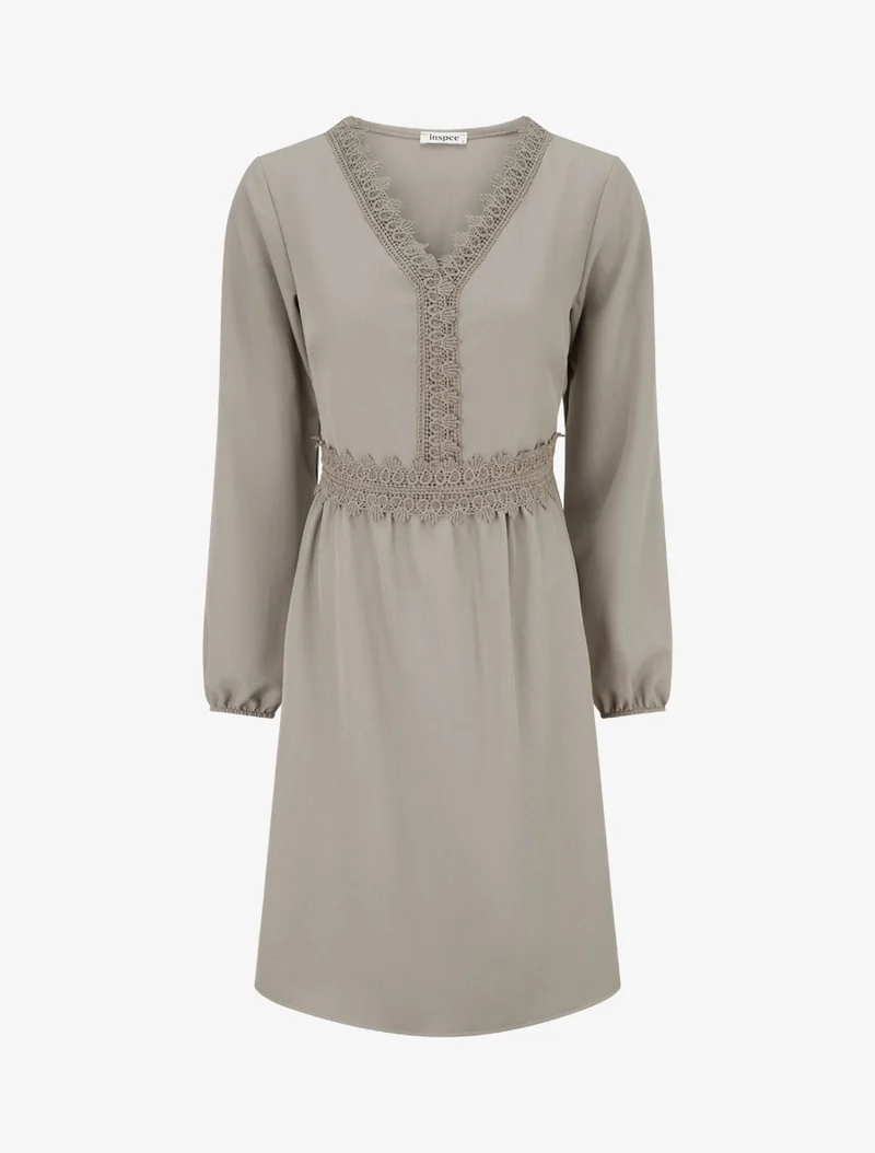 Robe évasée unie à manches longues et dentelle - Taupe