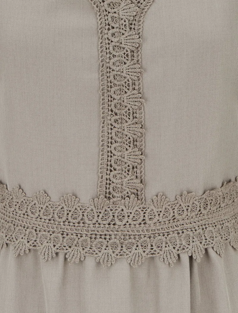 Robe évasée unie à manches longues et dentelle - Taupe