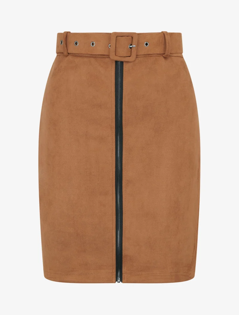 Jupe crayon taille haute en suédine à zip - Camel