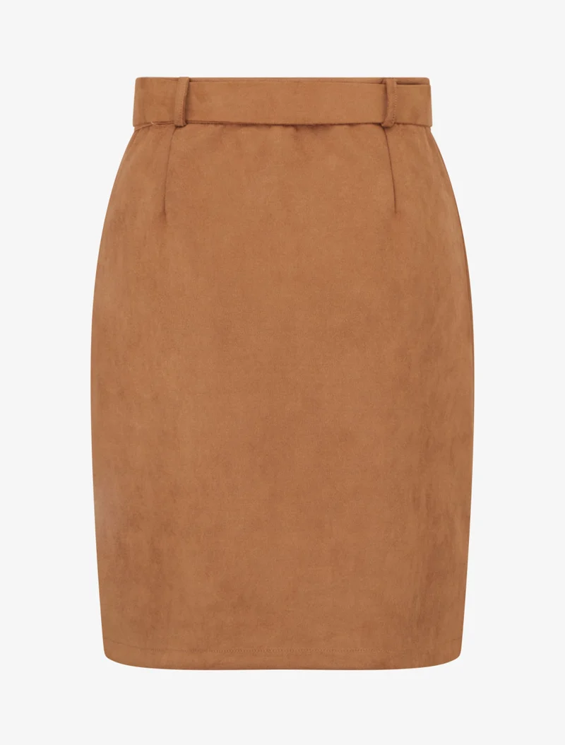Jupe crayon taille haute en suédine à zip - Camel