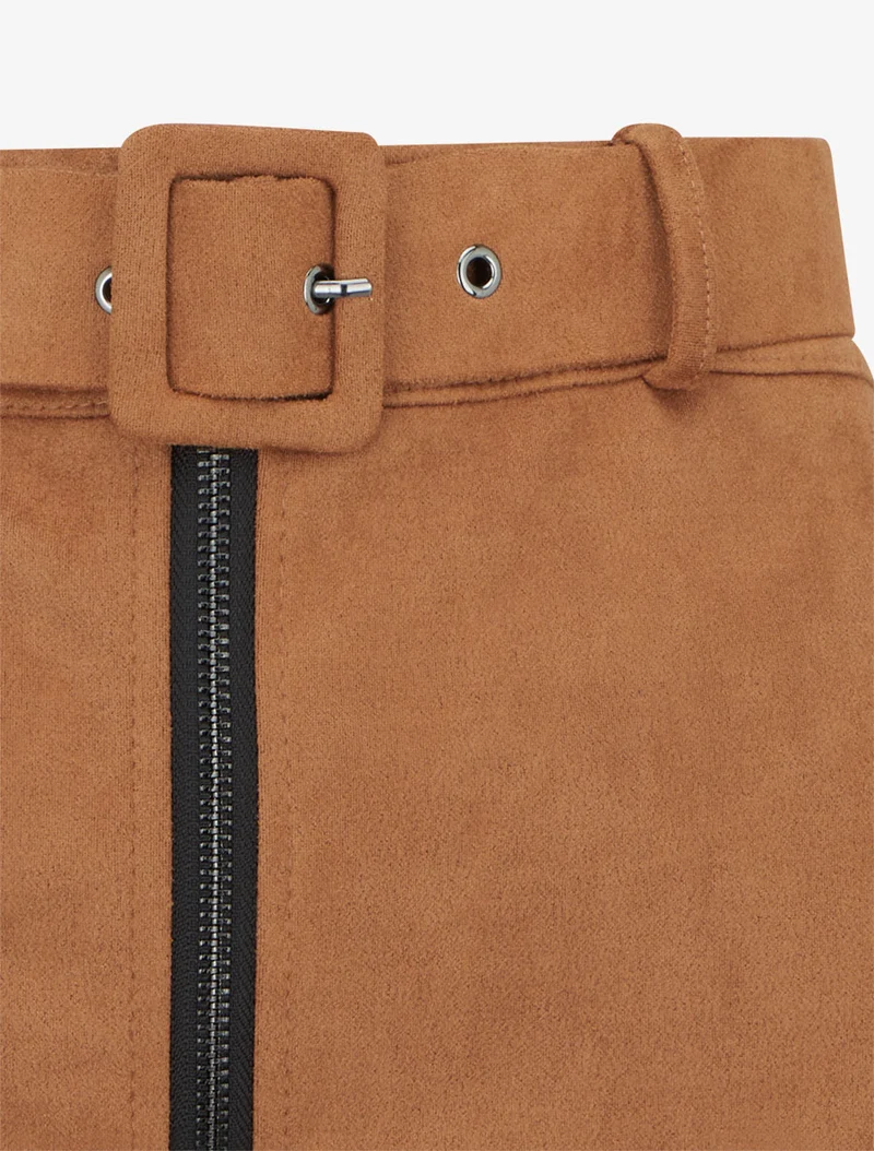 Jupe crayon taille haute en suédine à zip - Camel