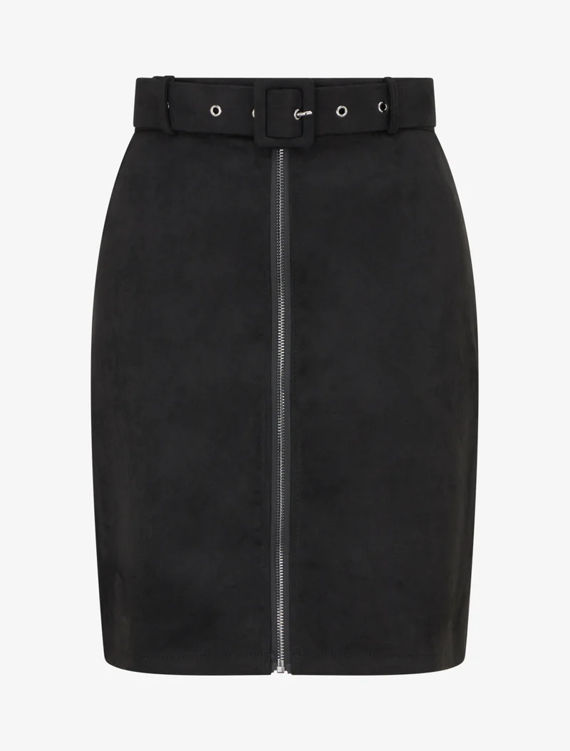 Jupe crayon taille haute en suédine à zip - Noir