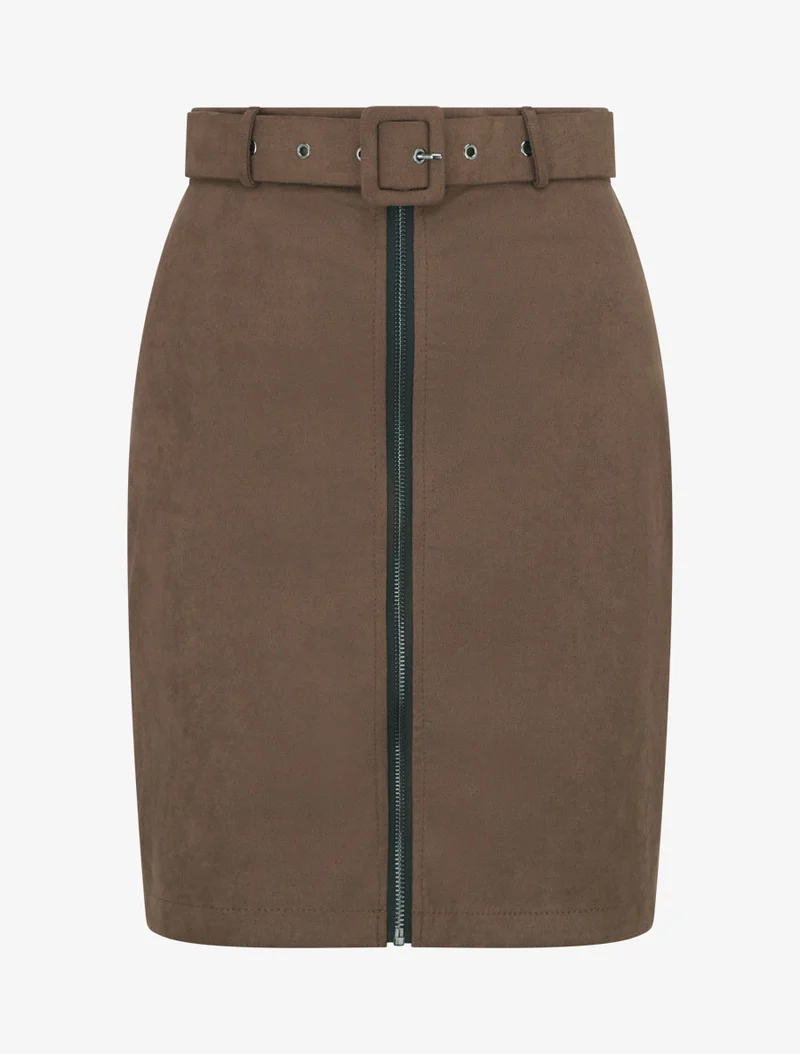 Jupe crayon taille haute en suédine à zip - Marron