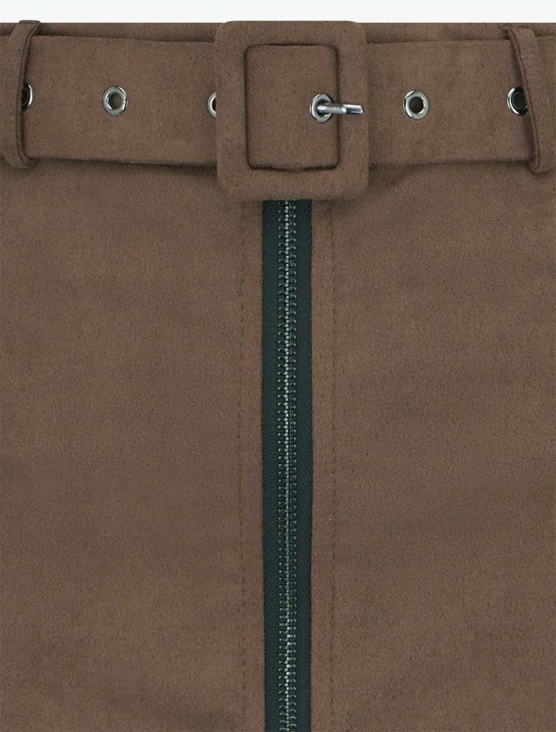 Jupe crayon taille haute en suédine à zip - Marron
