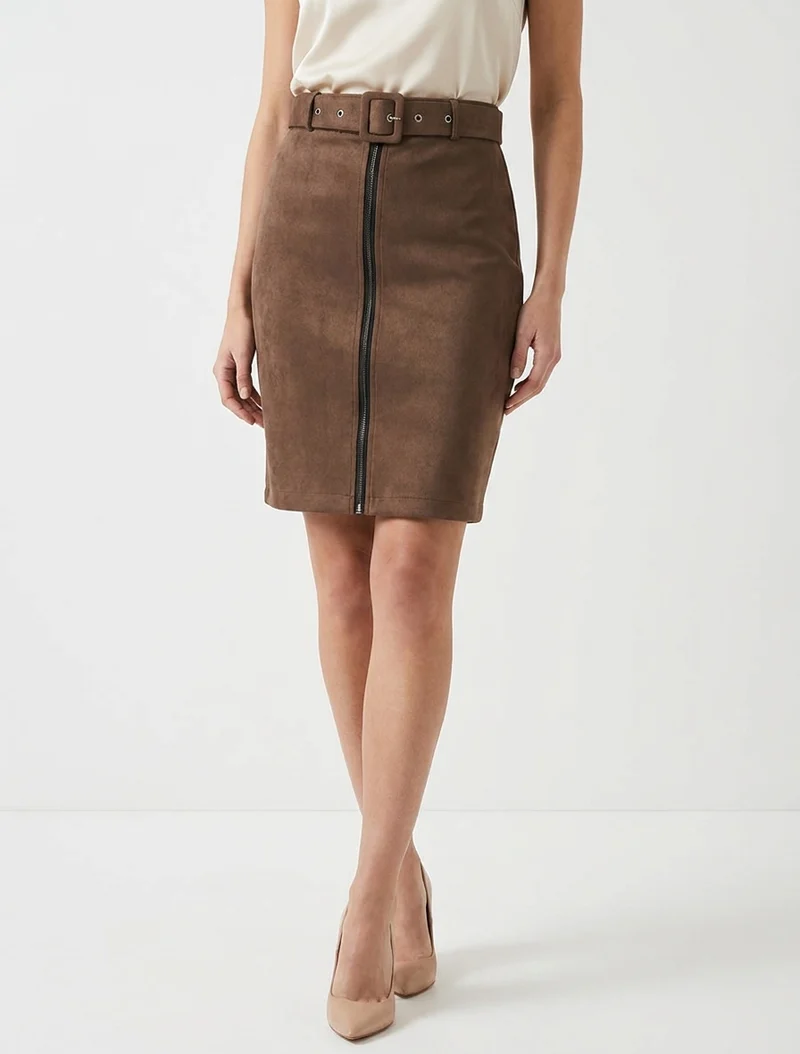 Jupe crayon taille haute en suédine à zip - Marron