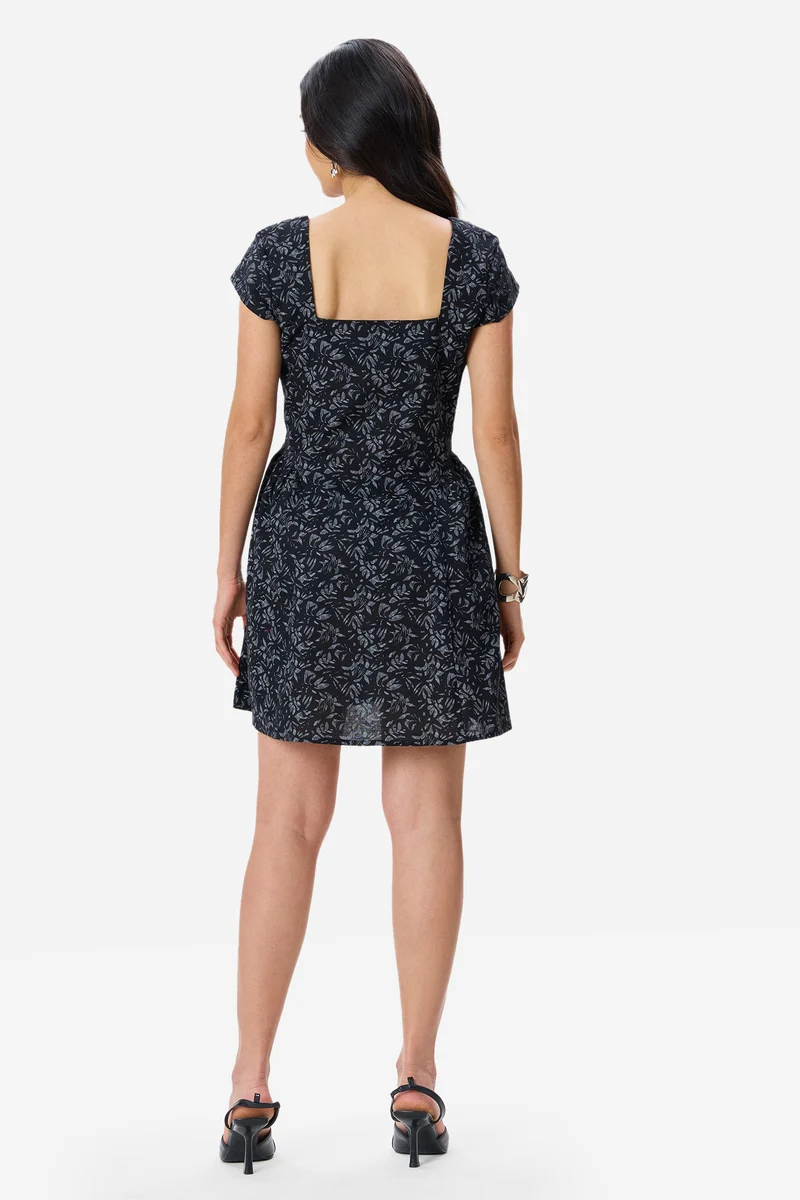 Noss|Linen Fit & Flare Gathered Mini Dress