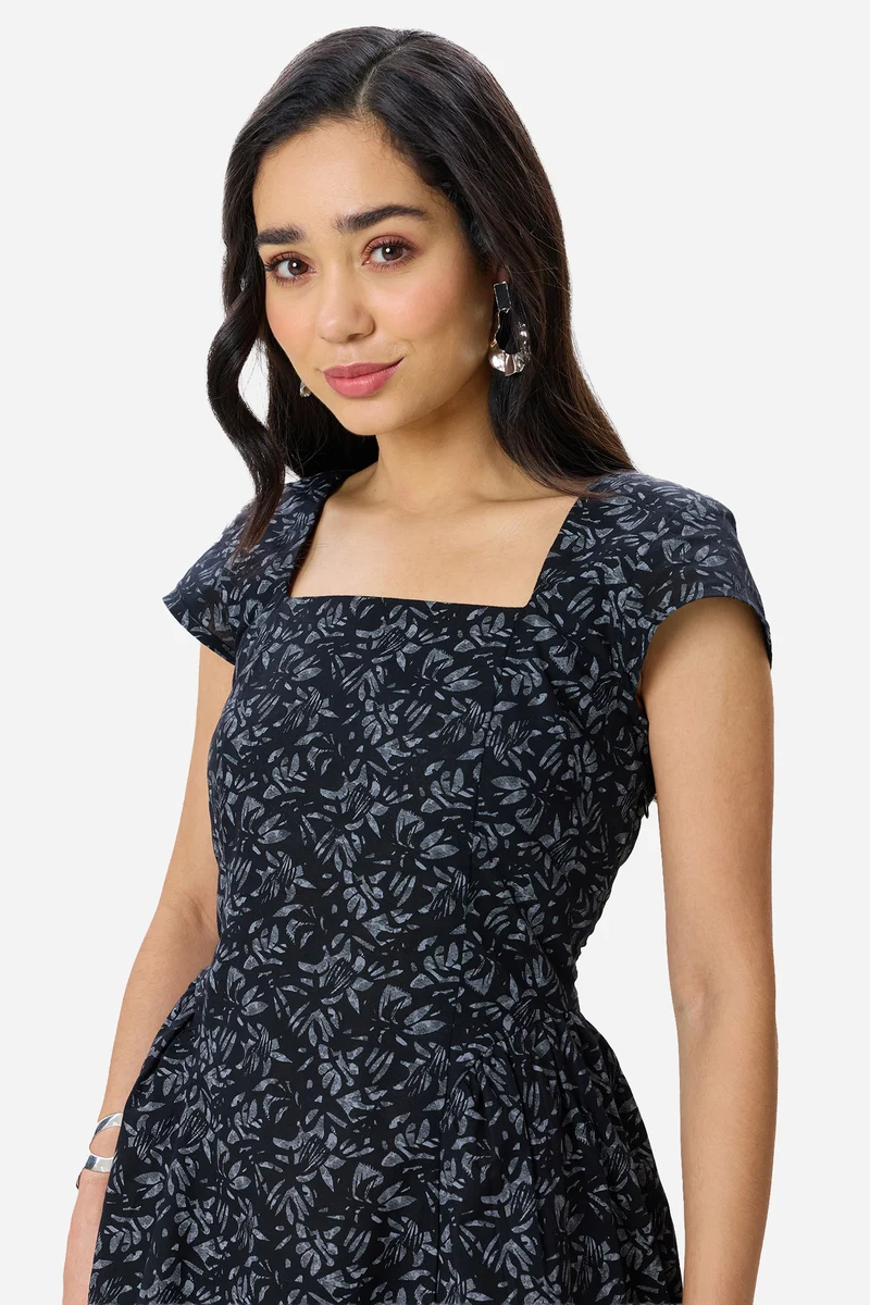 Noss|Linen Fit & Flare Gathered Mini Dress