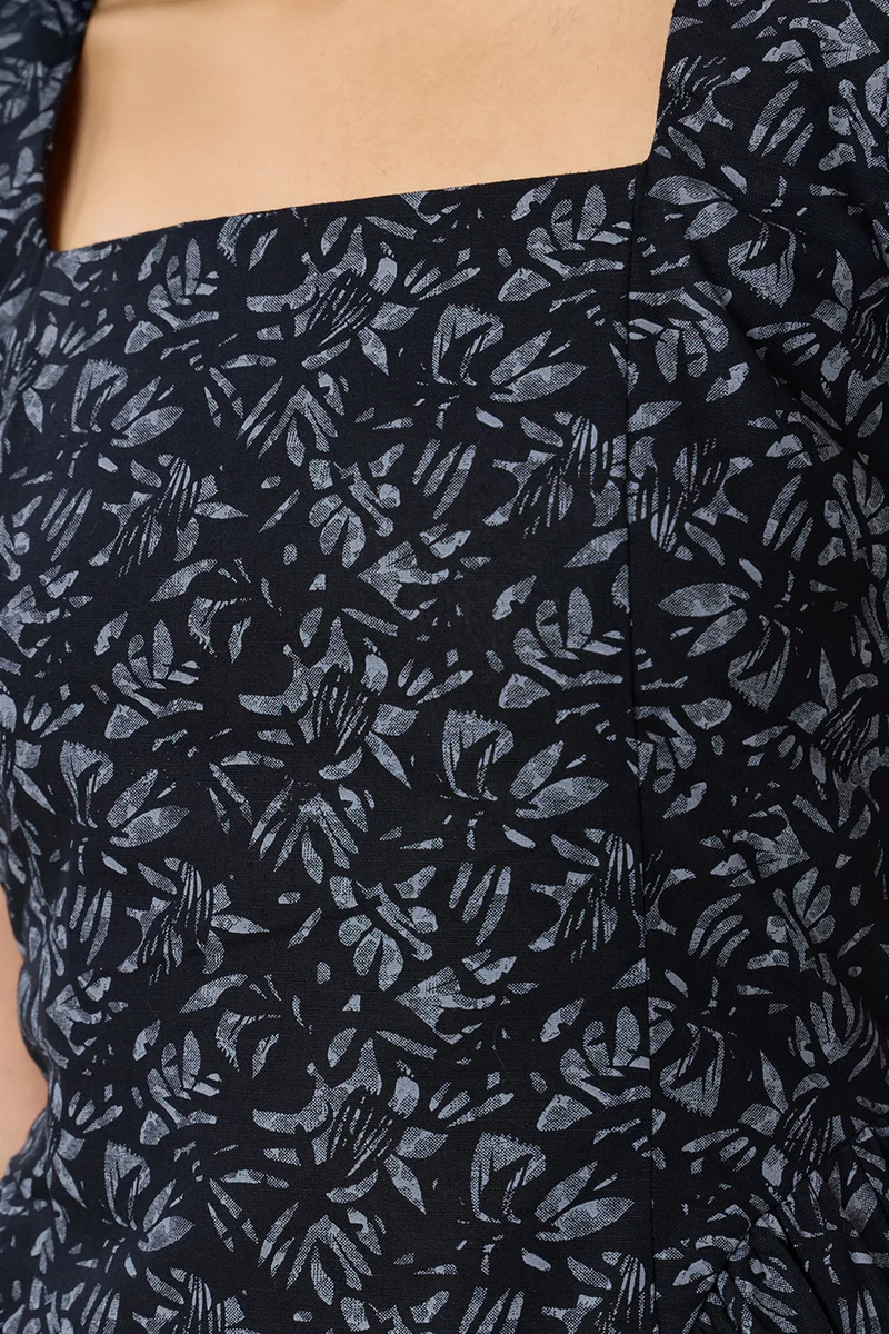 Noss|Linen Fit & Flare Gathered Mini Dress