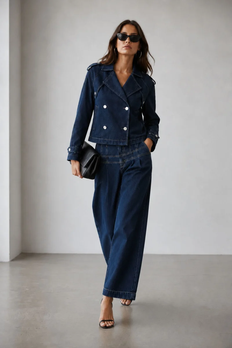 Kenna|100% Cotton Double Breasted Denim Blazer