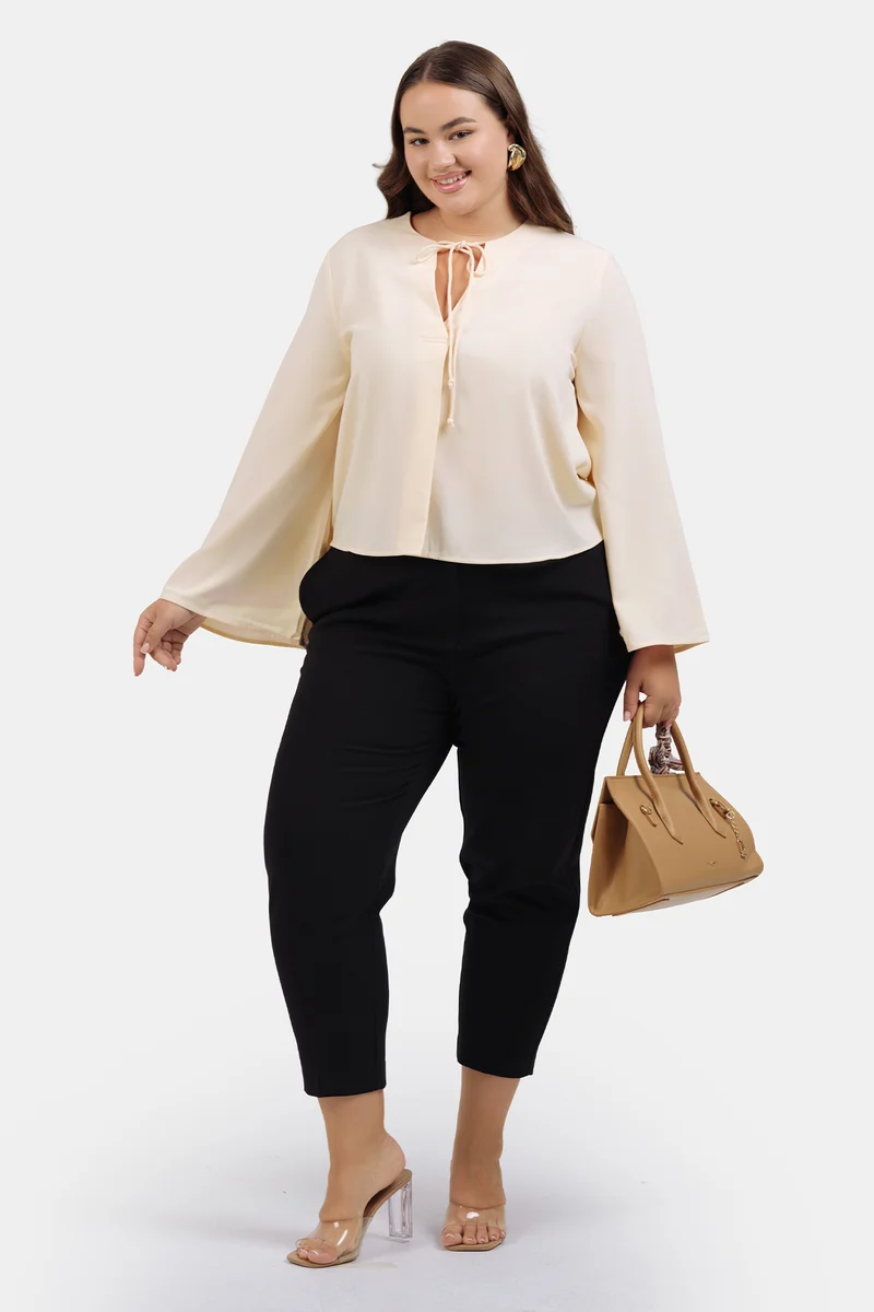 Seyma|Crepe Flared Top With Front Tie-Up Detail