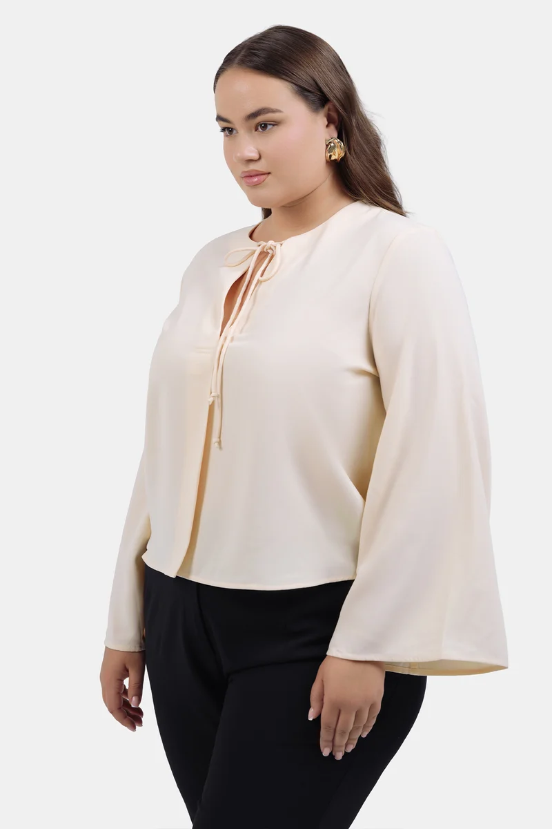 Seyma|Crepe Flared Top With Front Tie-Up Detail