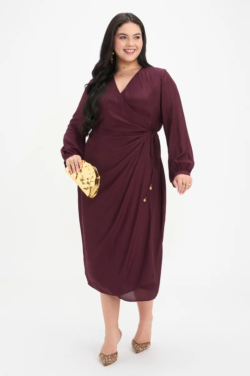 Radha|100% Viscose Wrap Midi Dress With Tie-Up