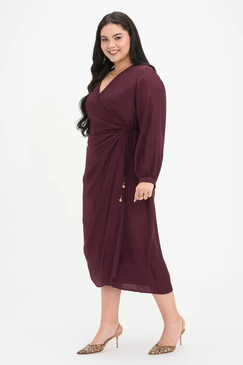 Radha|100% Viscose Wrap Midi Dress With Tie-Up