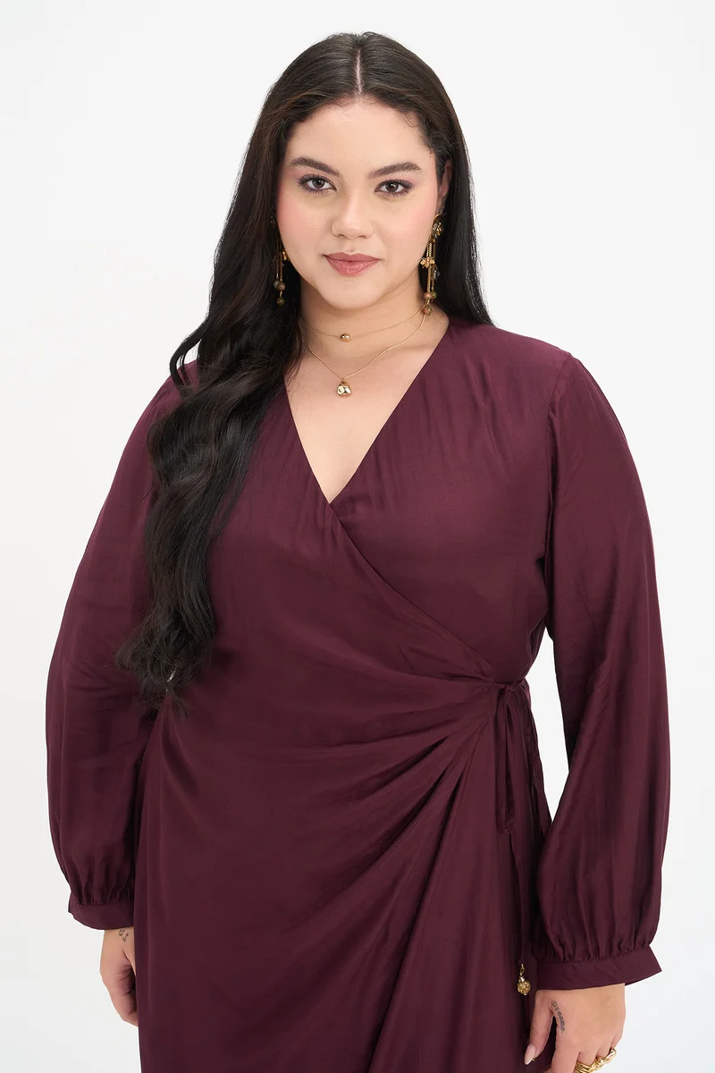 Radha|100% Viscose Wrap Midi Dress With Tie-Up