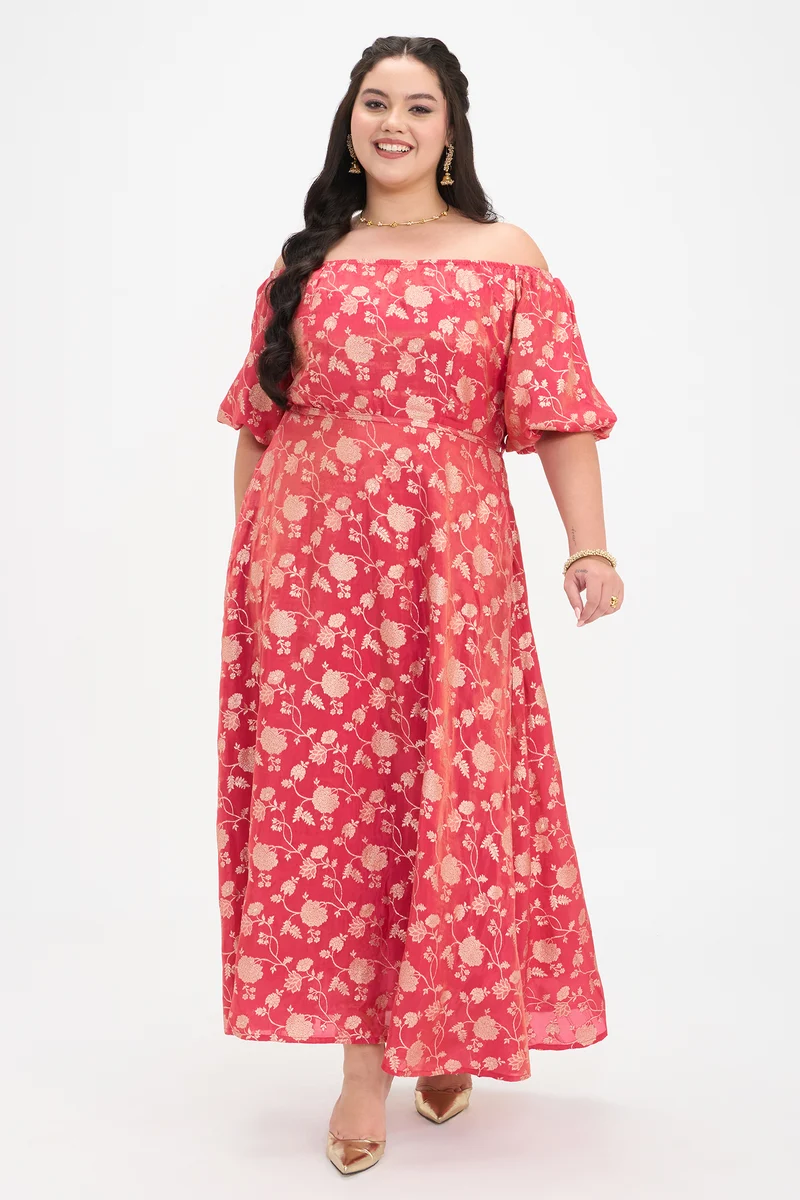 Pahi|Viscose Brocade Off-Shoulder Maxi Dress