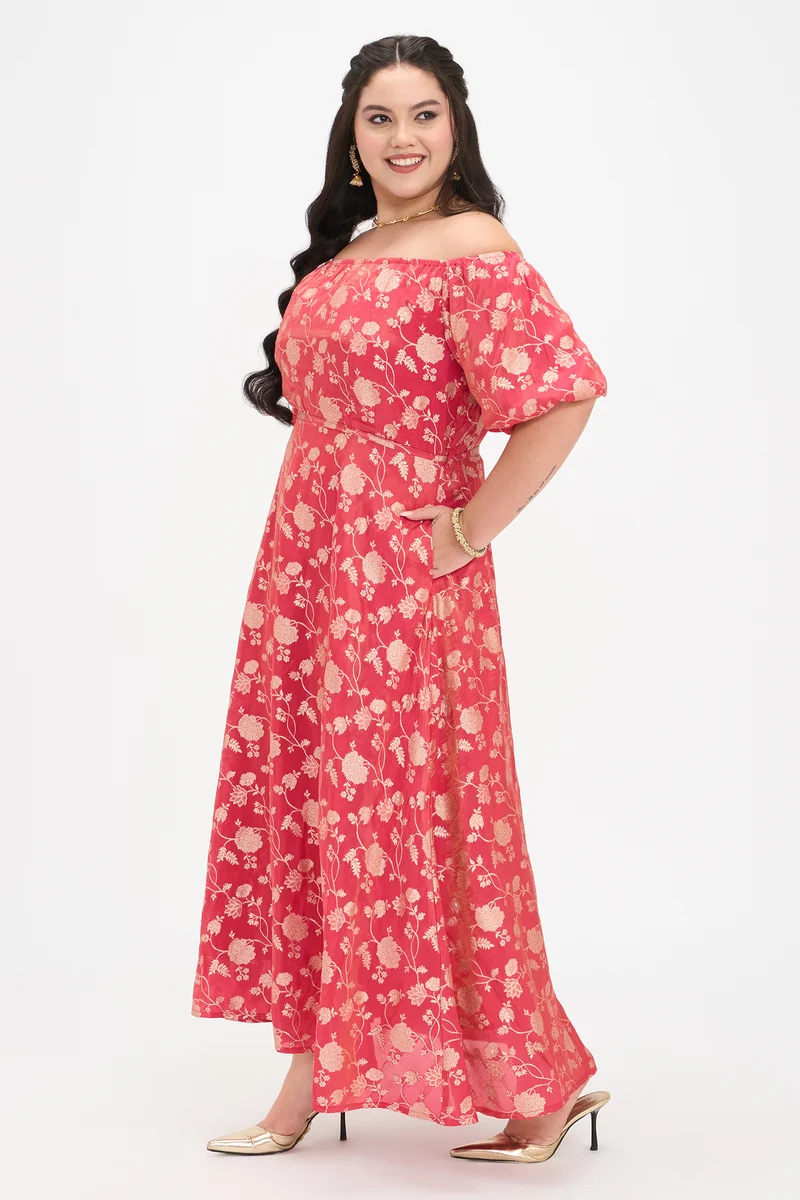 Pahi|Viscose Brocade Off-Shoulder Maxi Dress