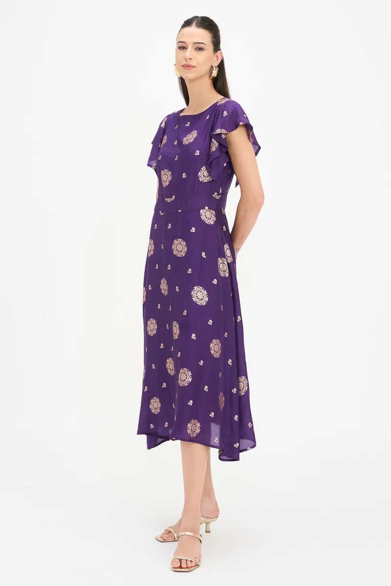 Odlha|100% Viscose Ruffled Sleeve Midi Dress