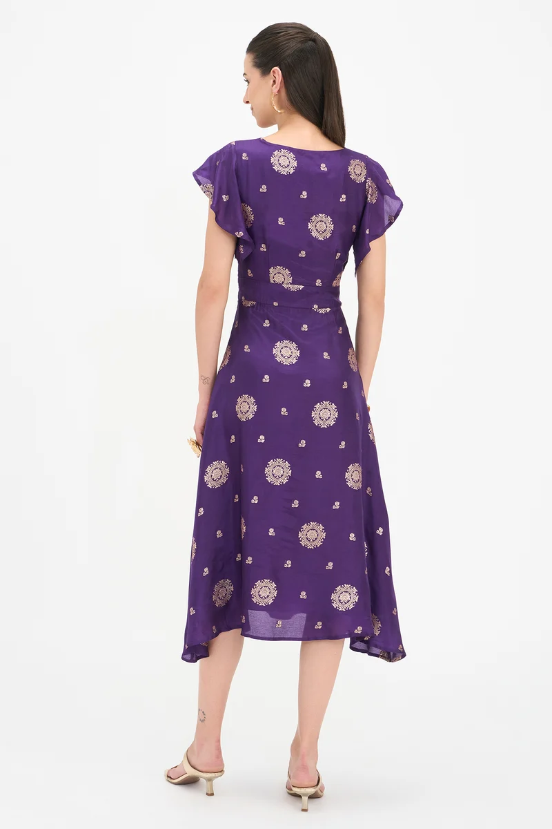 Odlha|100% Viscose Ruffled Sleeve Midi Dress