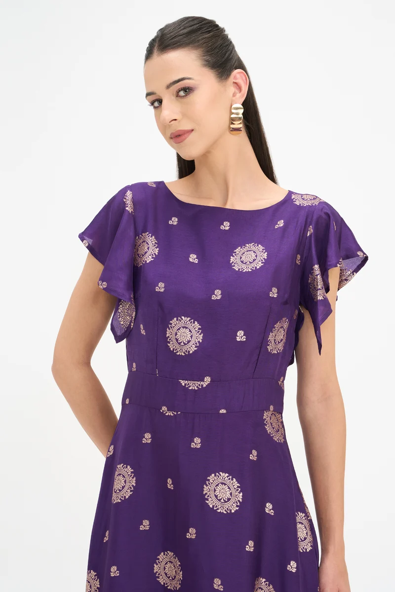 Odlha|100% Viscose Ruffled Sleeve Midi Dress