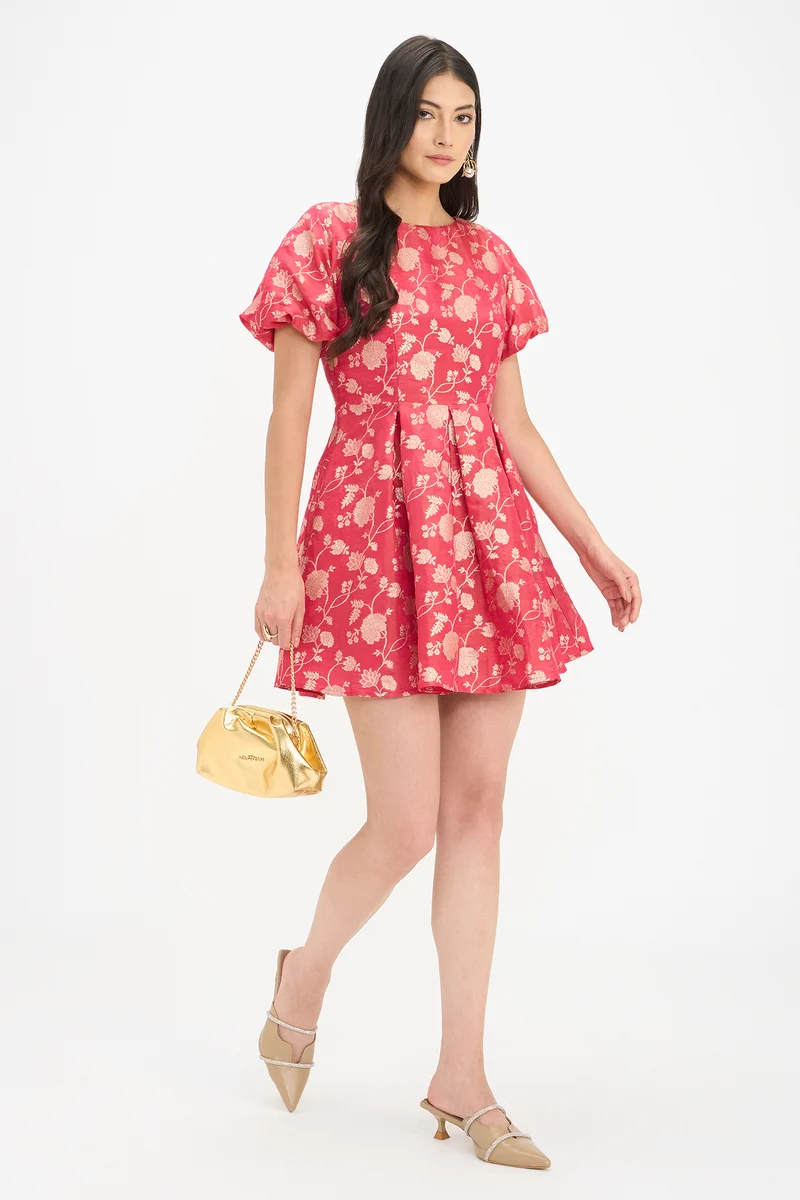 Malavi|100% Viscose Puff Sleeves Mini Dress