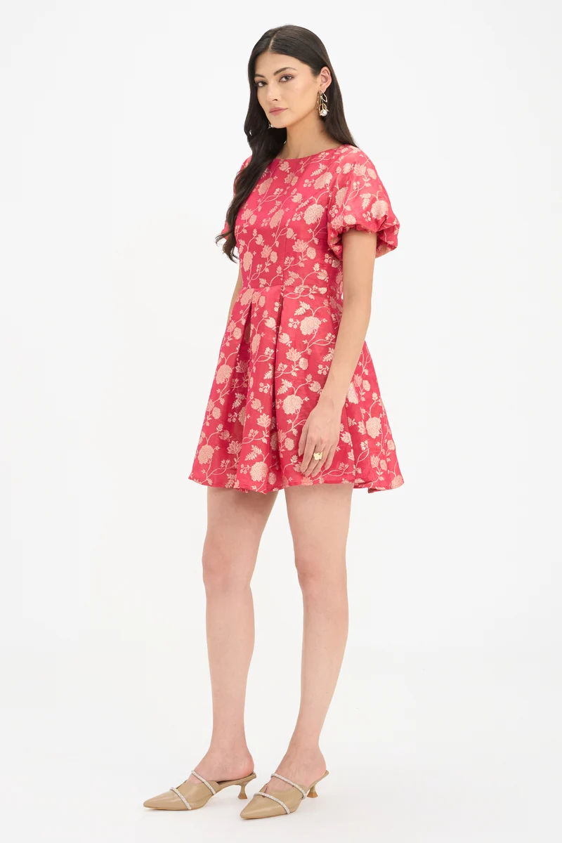 Malavi|100% Viscose Puff Sleeves Mini Dress