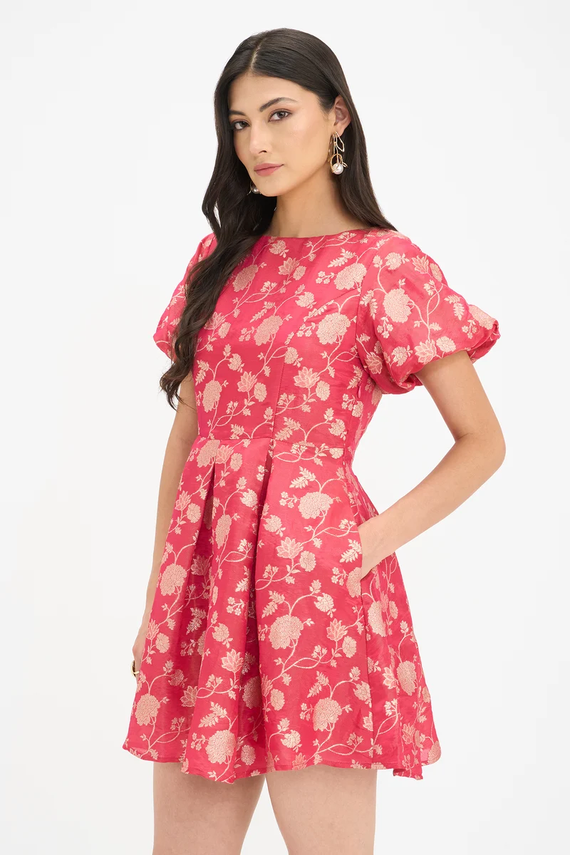 Malavi|100% Viscose Puff Sleeves Mini Dress