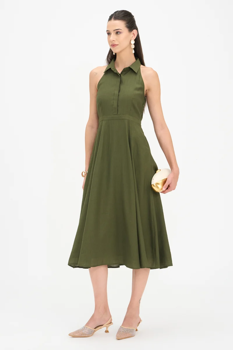 Anandi|100% Viscose Halter Neck Shirt Dress