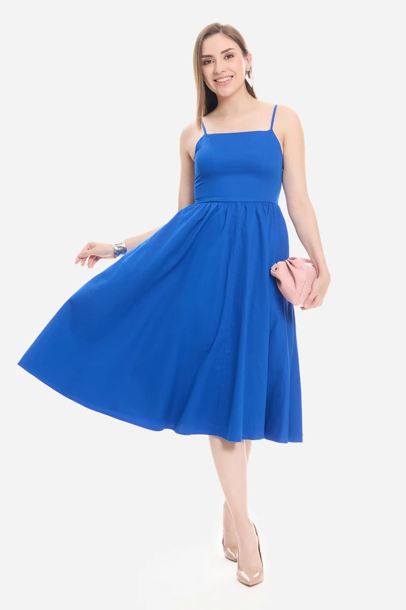 Ollen|100% Cotton Strappy Fit & Flare Dress
