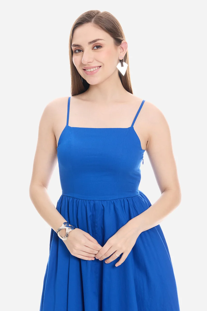 Ollen|100% Cotton Strappy Fit & Flare Dress