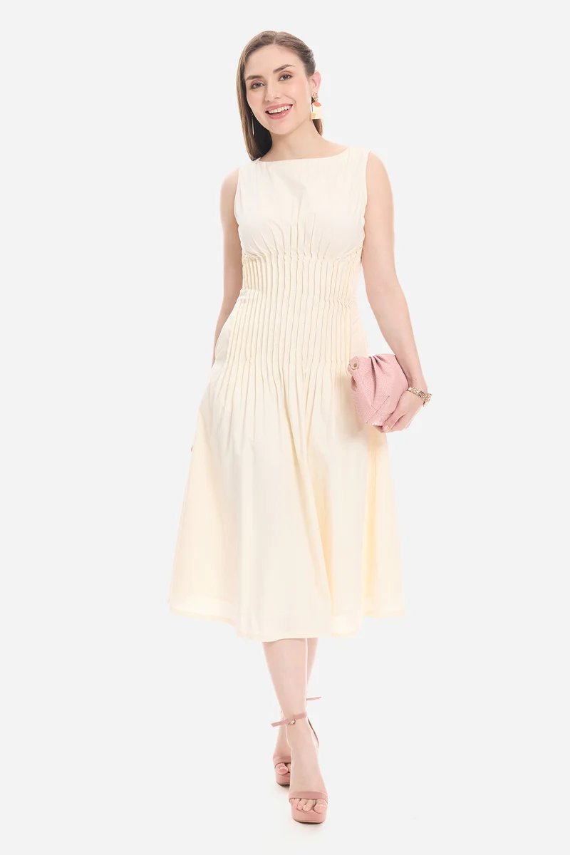 Olny| 100% Cotton Pleated Front Midi Dress