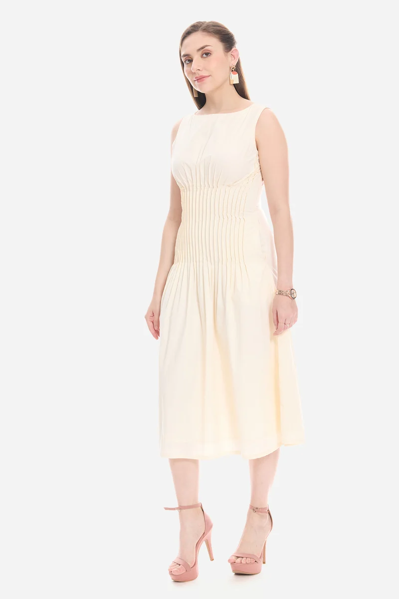 Olny| 100% Cotton Pleated Front Midi Dress