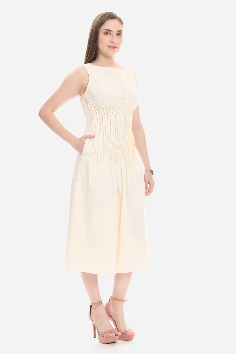 Olny| 100% Cotton Pleated Front Midi Dress
