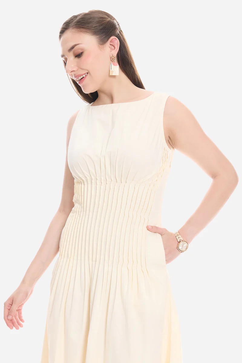 Olny| 100% Cotton Pleated Front Midi Dress