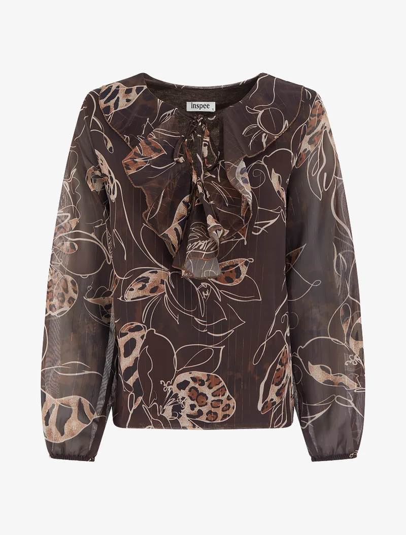 Top droit col volanté et imprimé floral léopard - Marron