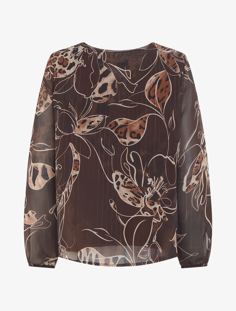 Top droit col volanté et imprimé floral léopard - Marron