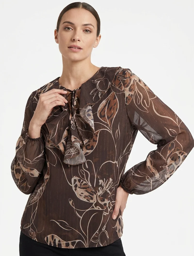 Top droit col volanté et imprimé floral léopard - Marron