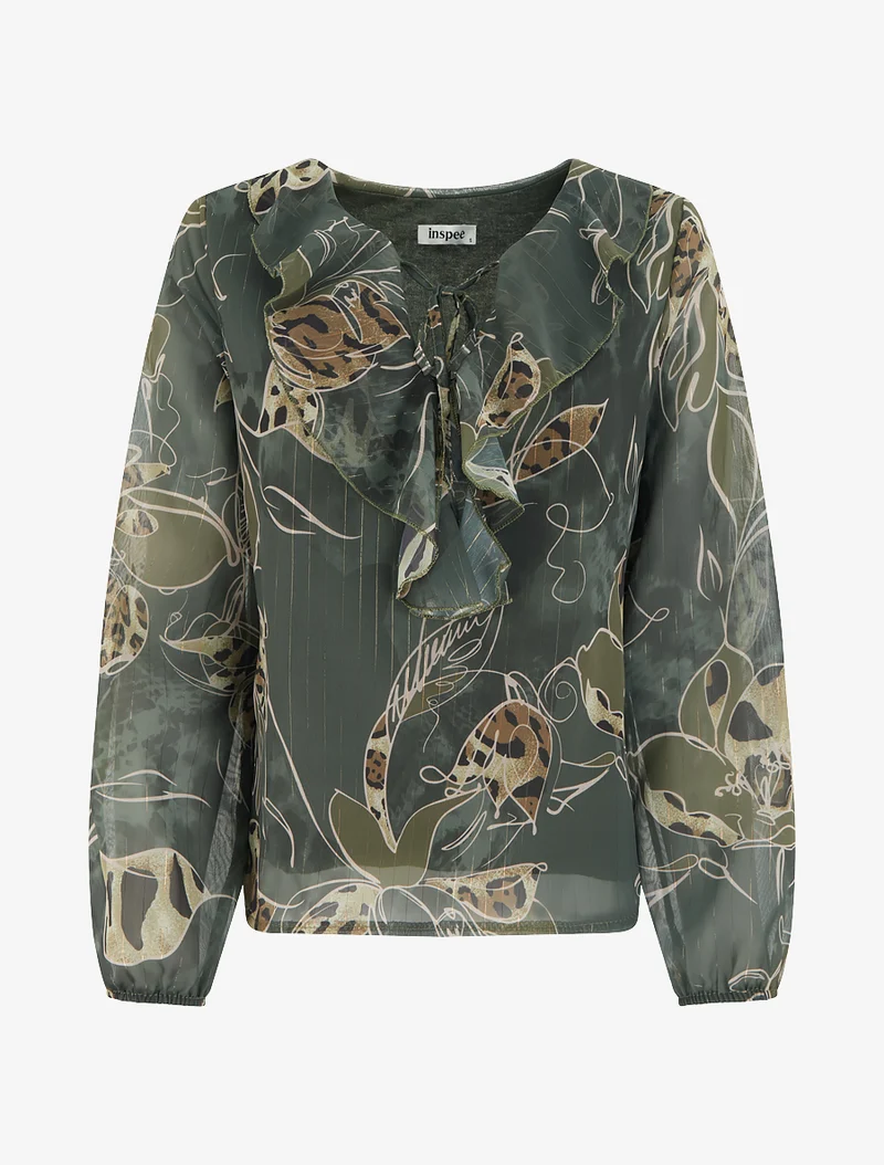 Top droit col volanté et imprimé floral léopard - Kaki