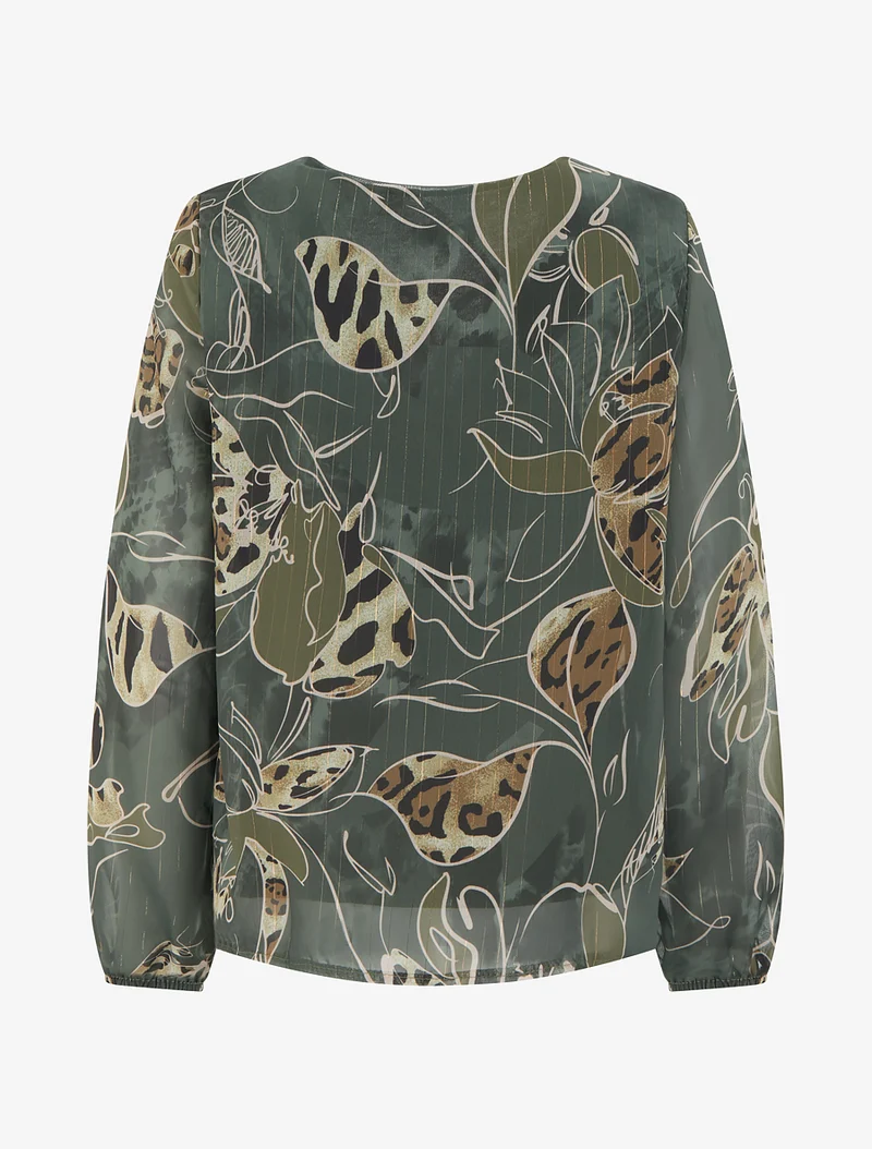 Top droit col volanté et imprimé floral léopard - Kaki