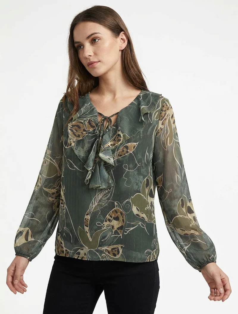 Top droit col volanté et imprimé floral léopard - Kaki