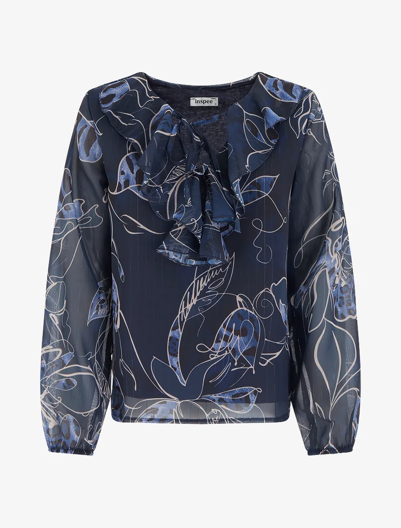 Top droit col volanté et imprimé floral léopard - Marine