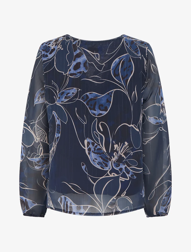 Top droit col volanté et imprimé floral léopard - Marine