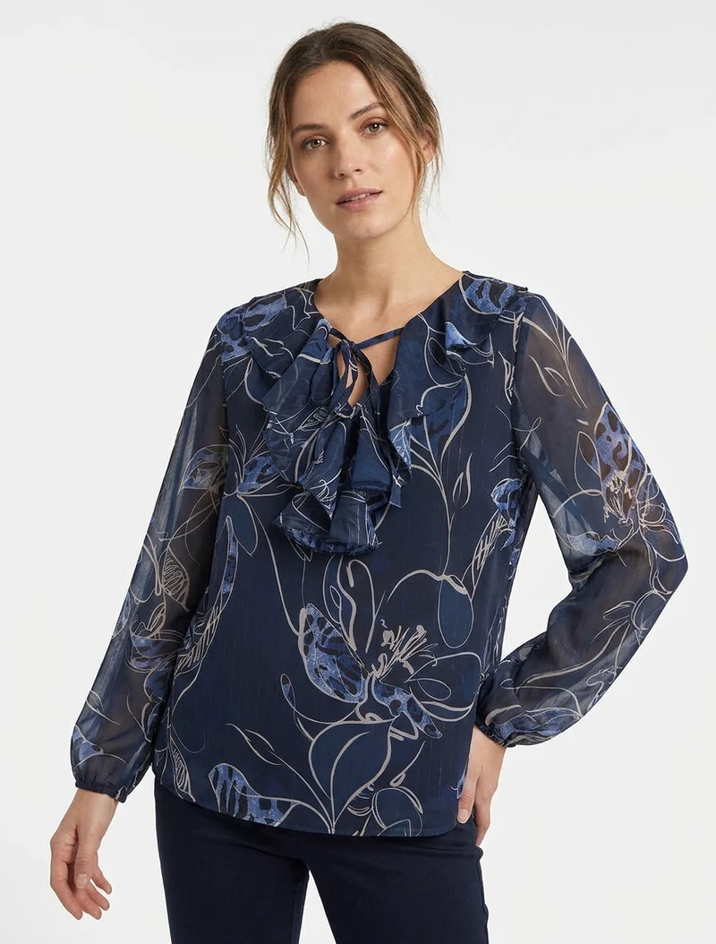 Top droit col volanté et imprimé floral léopard - Marine